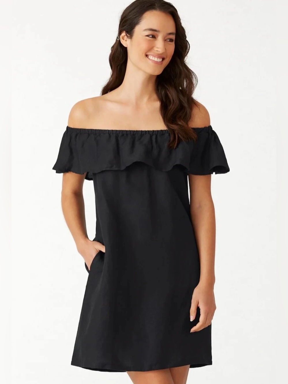 Tommy Bahama St. Lucia Off the Shoulder Linen Dress Black Size Medium